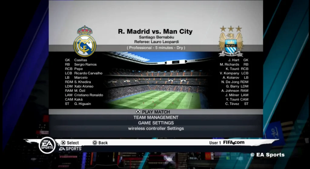 "FIFA 11 seleccionar equipos Real Madrid vs Manchester City"